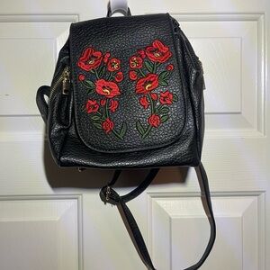 Embroidered Black Leather Backpack